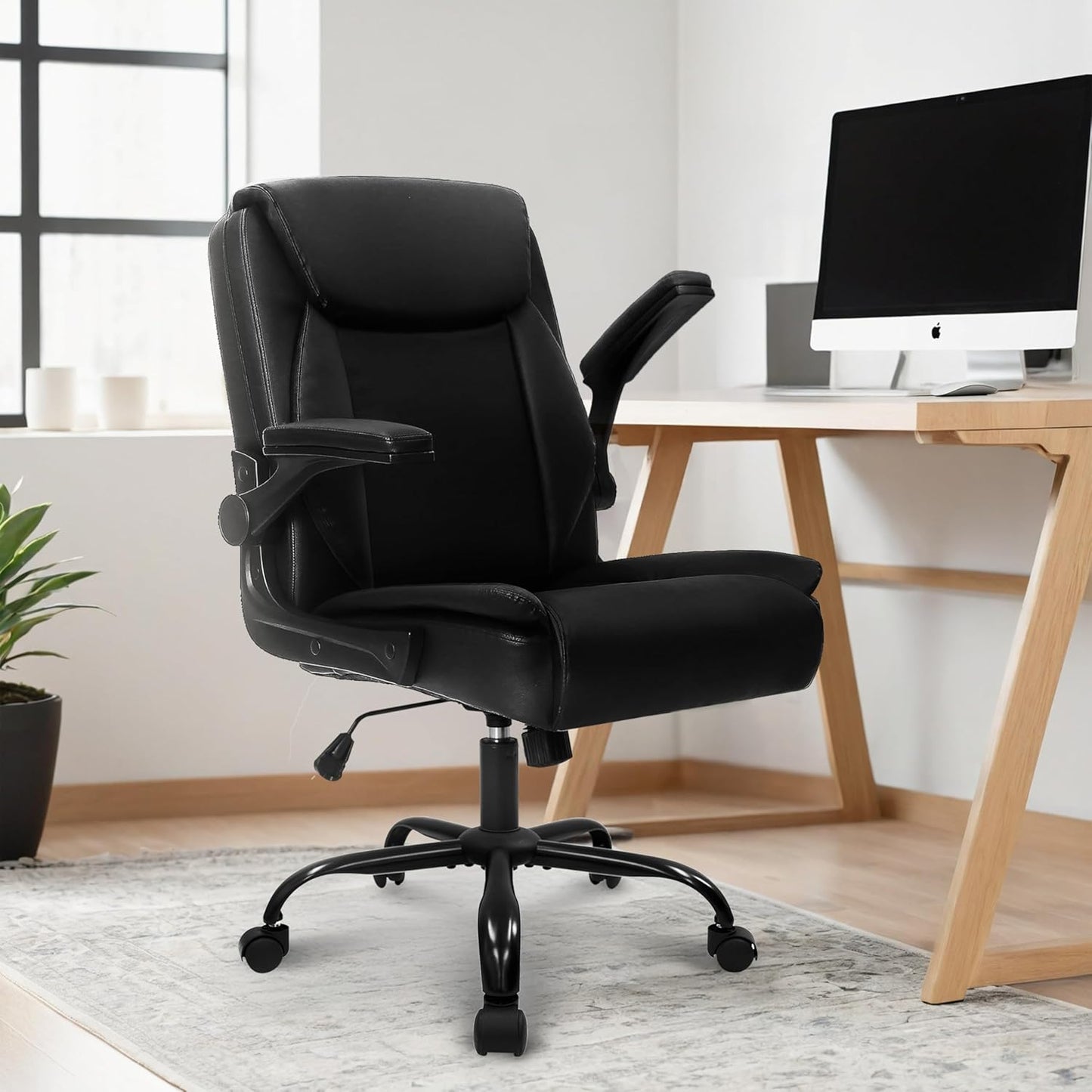 Office Desk Computer Chair Ergonomic Executive Mid-Back Leather Gaming Chair with Adjustable Flip-Up Armrests Wheels Swivel for Home Study Task (Jet Black)