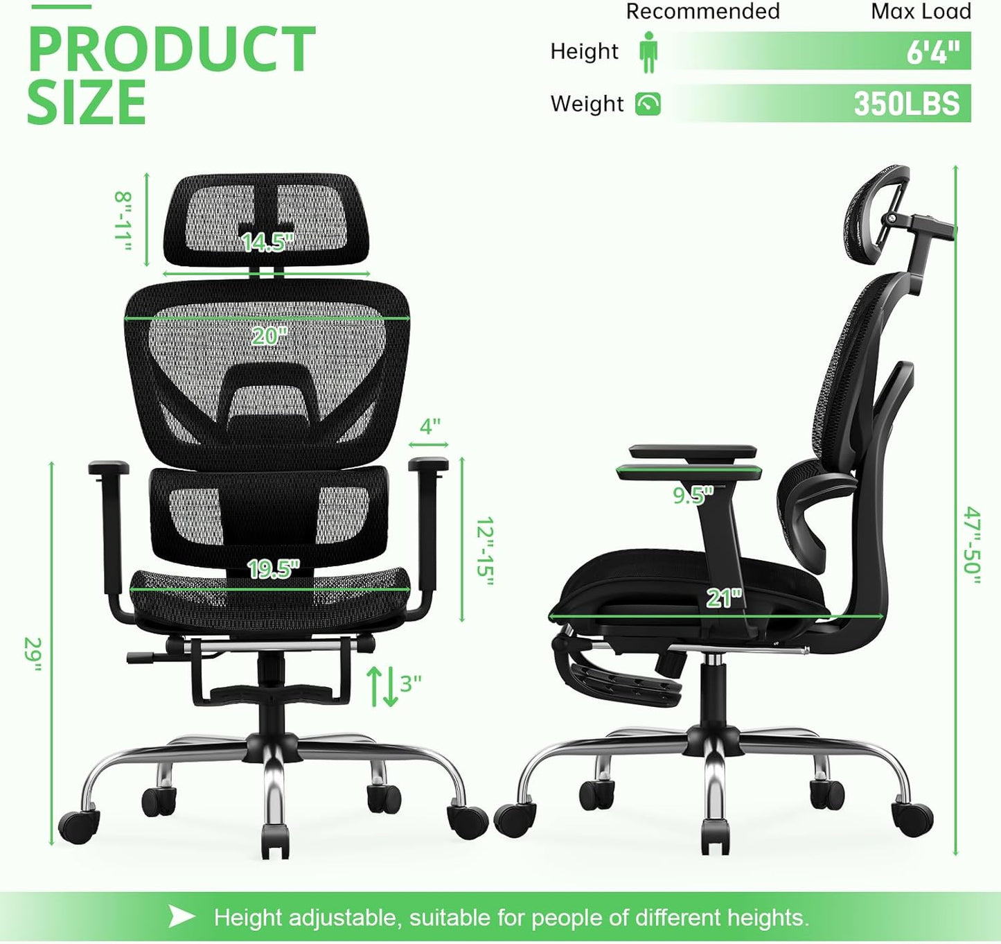 Ergonomic Office Chair with Footrest, Mesh Desk Chair with 135° Recline, Adjustable Lumbar Support, 3D Armrests and Headrest, Swivel Computer Chair for Home Office