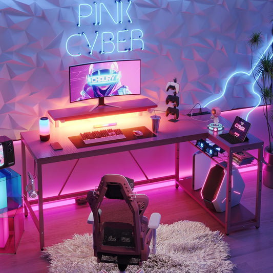 L Shaped Gaming Desk with Power Outlets,58 LED Small Corner Desk with Reversible Storage Shelves,Pink Computer Desk with Headset Hooks Desk for Living Room and Dormitory