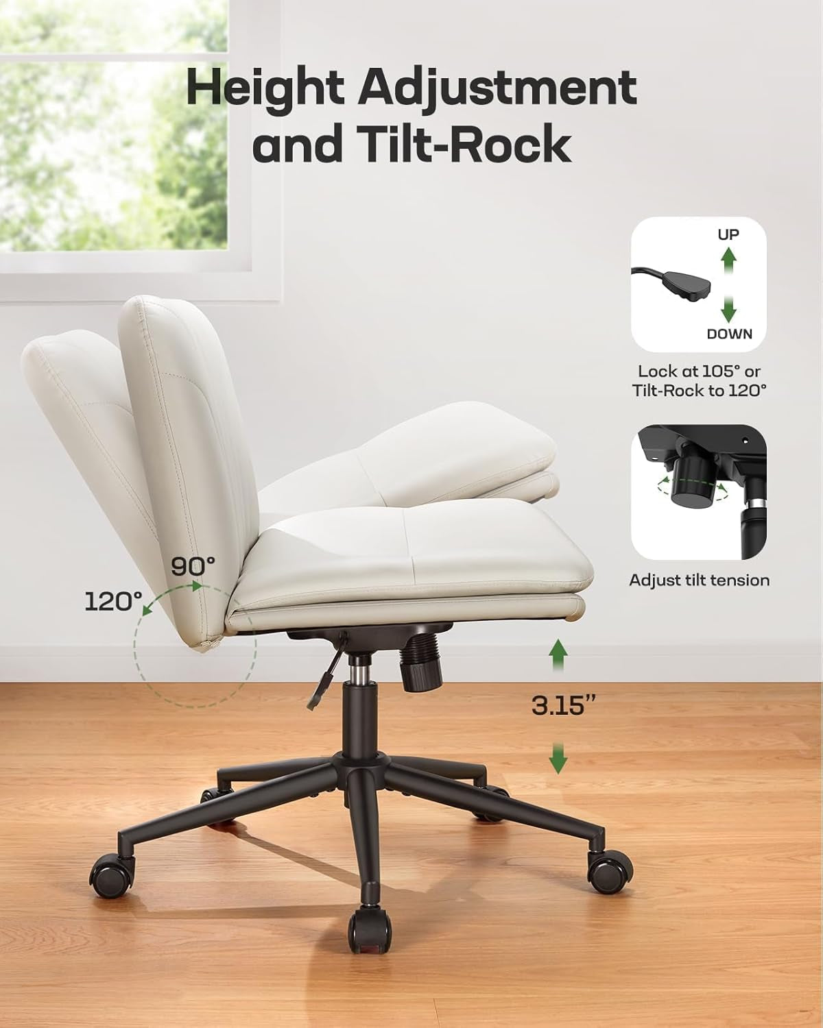 Armless-Office Desk Chair with Wheels: PU Leather Cross Legged Wide Chair,Comfortable Adjustable Swivel Computer Task Chairs for Home,Office,Make Up,Small Space,Bed Room(Light Beige)
