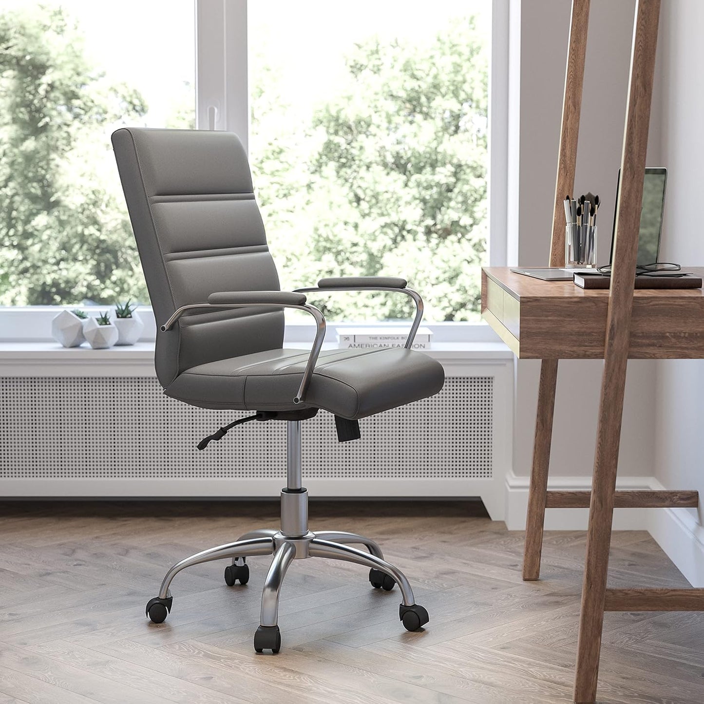 Whitney Mid-Back Swivel Leathersoft Desk Chair with Padded Seat and Armrests, Adjustable Height Padded Office Chair, Gray/Chrome