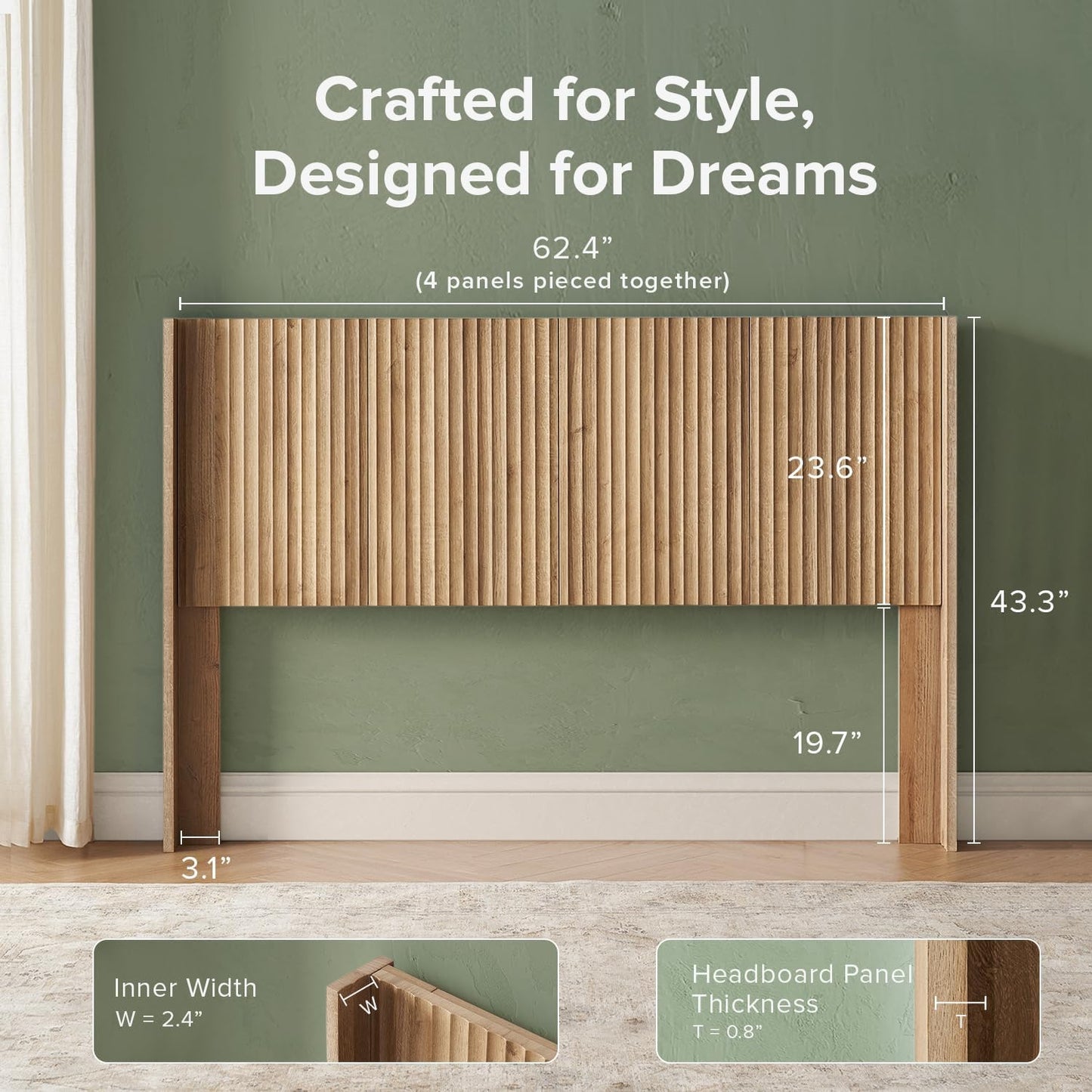 Brooklyn 62.4" Headboard Only, Wood Headboard, Modern Farmhouse, Boho, Wall Mount, Fluted Panel, Wingback Design (Golden Oak, Queen)