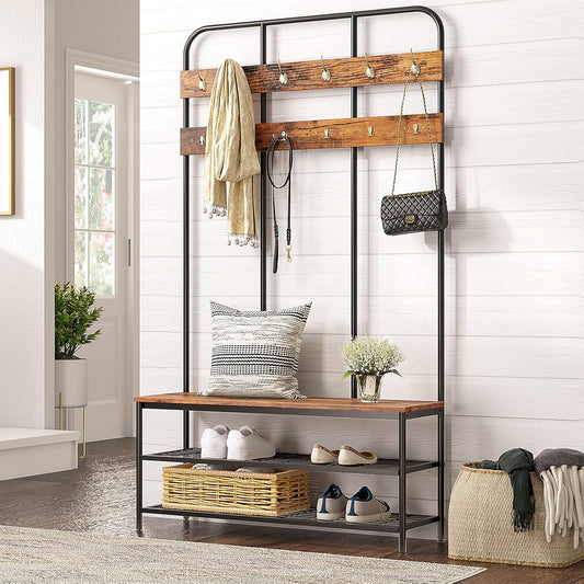 Hall Tree with Bench, Entryway Bench with Coat Rack, Mud Room Rack with 12 Double Hooks and Shoe Storage, Coat Tree, Shoe Rack Organizer, for Foyer, Front Door, Rustic Brown BF05MT01