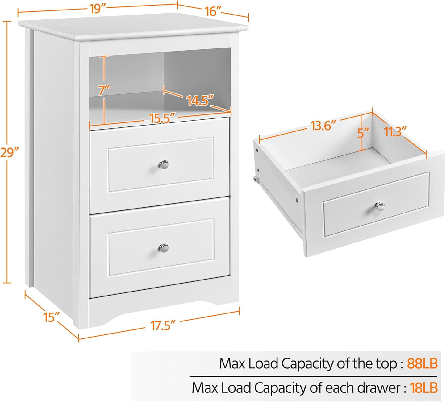 Nightstand with 2 Drawer and 1 Open Shelf, 29" Tall Bedside Table Wooden Flie Cabinet Telephone Table Bed Side Table with Storage for Bedroom White