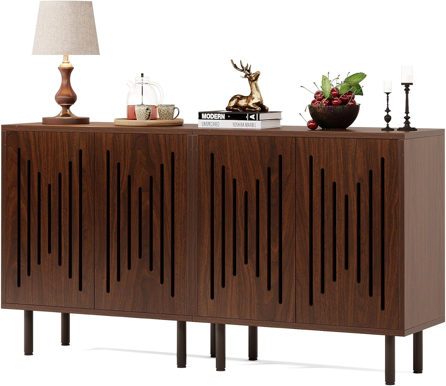 Set of 2 Sideboard Buffet with Storage, 59" Buffet Sideboard Cabinet with Adjustable Shelves, Accent Storage Cabinet for Living Room, Dark Brown