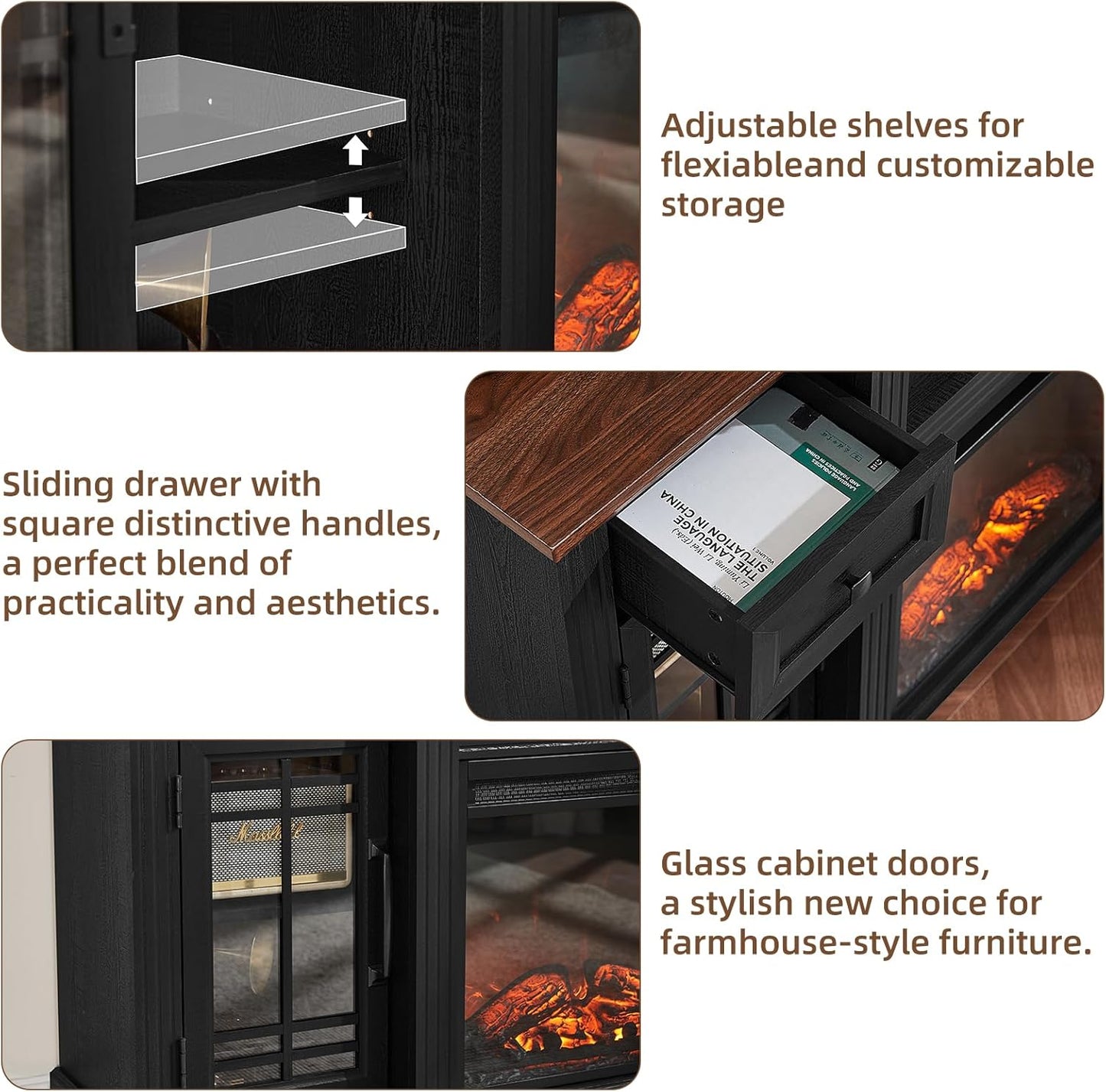 70" Fireplace TV Stand with 36”Silent Electric Fireplace, Farmhouse Entertainment Center for Tvs up to 80", 2 Drawers TV Console with Glass Door Cabinet, Black Tvs Cabinet for Living Room