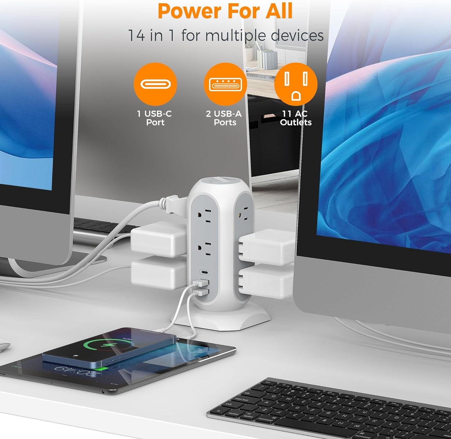 Tower Power Strip Flat Plug with 11 Outlets 3 USB (1 USB C), Surge Protector Tower 1625W/13A,1050J Protection, 6 Feet Extension Cord with Multiple Outlets, Office Desk Supplies, Dorm Essentials
