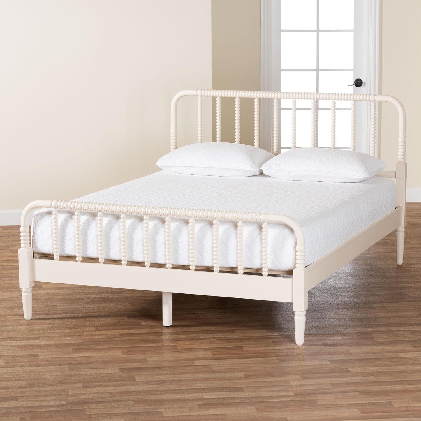 Braith Farmhouse Ivory Spindle Wood Queen Size Platform Bed