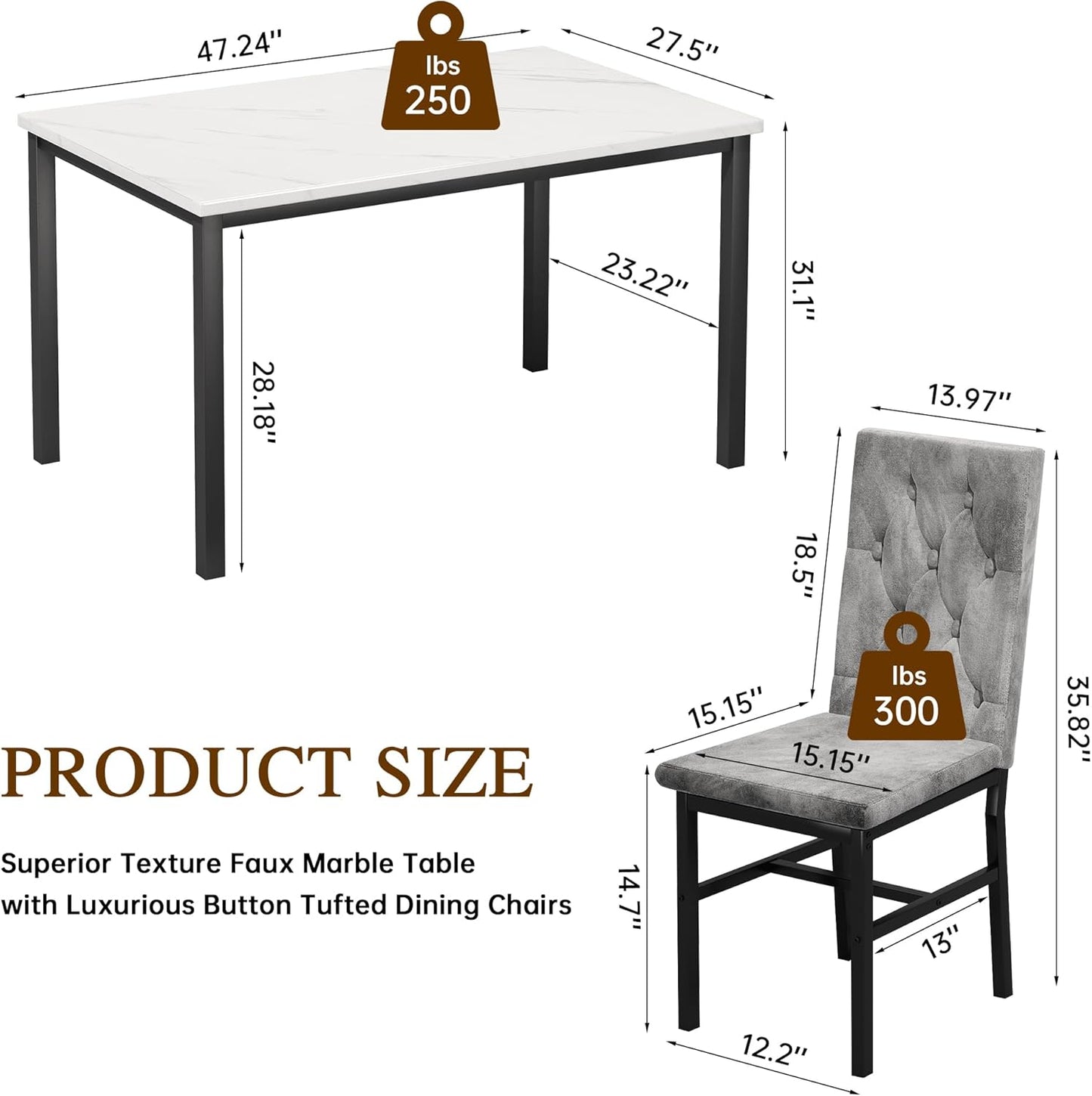 Dining Table Set for 4, Faux Marble Small Kitchen Table Chairs Set of 4 with Luxurious Button Tufted Dinner Chairs for Kitchen and Dining