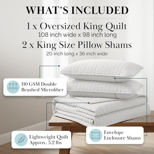 King Quilt Bedding Set with Shams, Coverlet Quilt King Size Bedspread, Luxury Bedding, Bed Spread for Kings/California Kings, Lightweight Quilted Coverlet, White Quilts