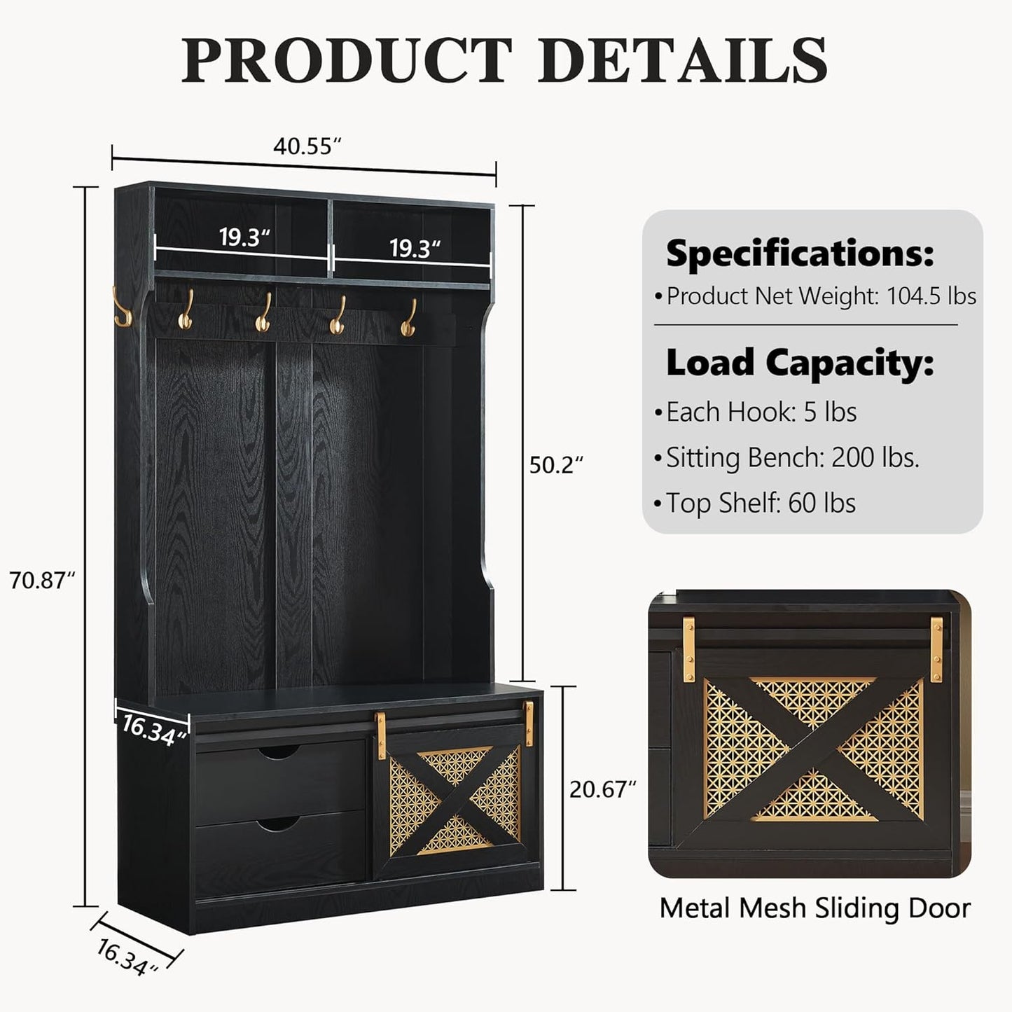 71" H Entryway Hall Tree with Coat Rack and Storage Bench, Coat Tree with Hooks for Entryway, Hallway, Living Room, Mudroom Black