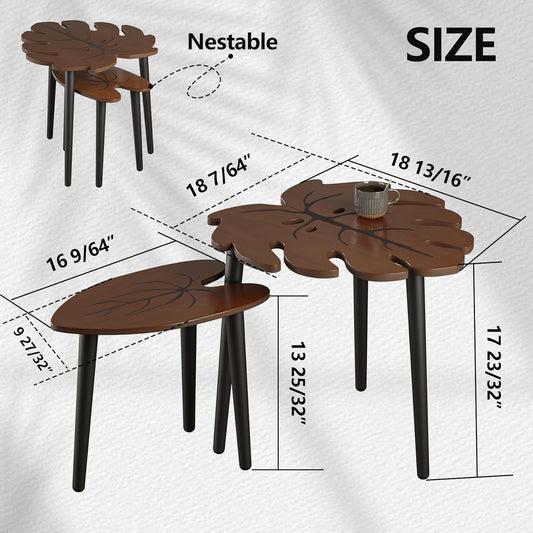 Monstera Leaf Nesting Tables Set of 2, Small Side Tables F Set with Leaf Vein Pattern, Modern Wooden Coffeetables for Living Room Bedroom Apartment Balcony Yard