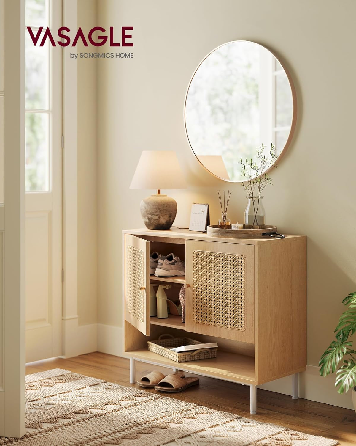 Natural Rattan 3-Tier Shoe Cabinet, 16 Pair Shoe Storage Cabinet, Boho Style Shoe Organizer with Height-Adjustable Shelves and Steel Legs, for Entryway, Closet, Hallway, Oak Beige ULBC049N01