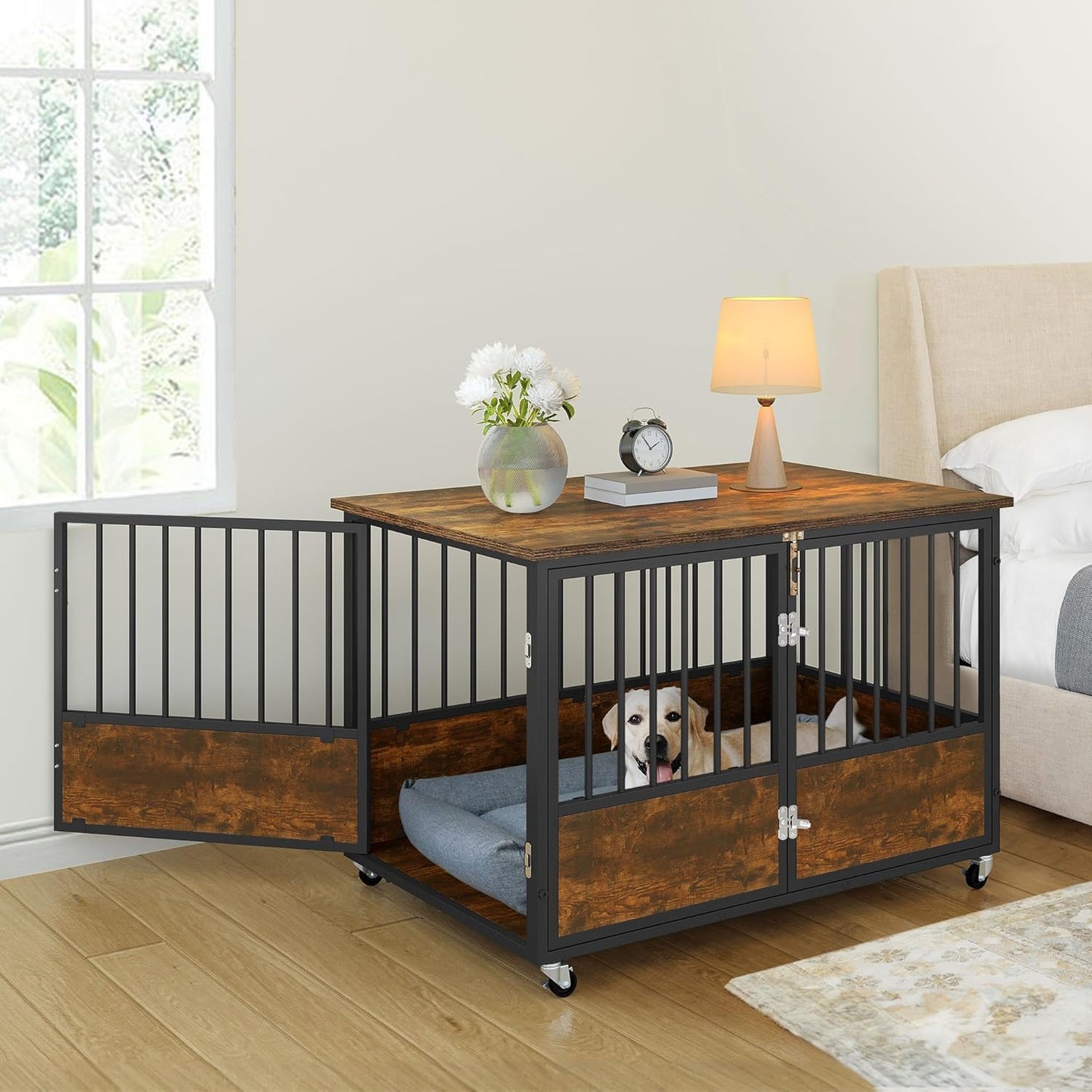 43" Dog Crate Furniture with Wheels, Wooden Side End Table, Double-Doors Dog Kennel Indoor for Small/Medium/Large Dogs, Escape Proof Dog House Dog Cage, Rustic Brown