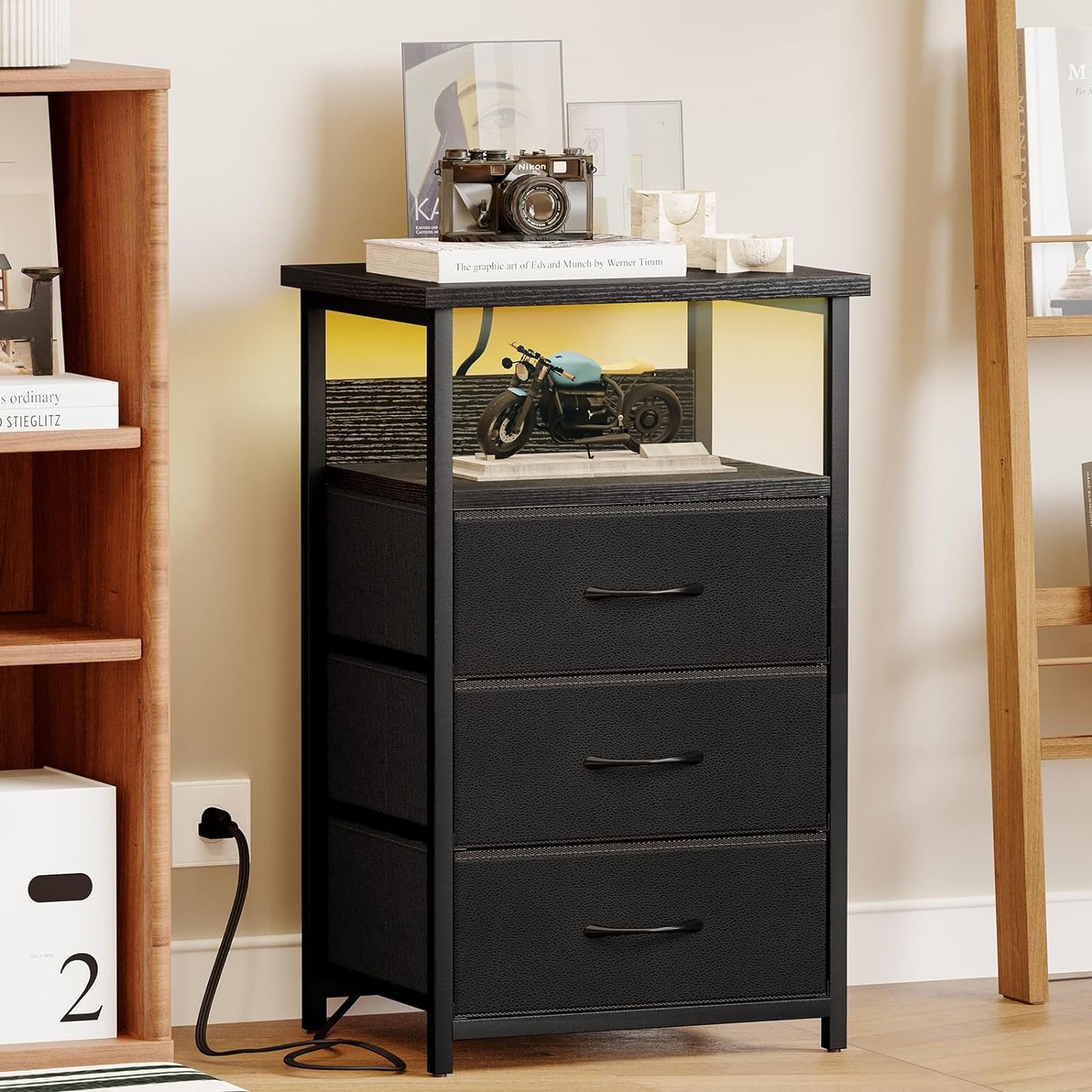 Night Stand with Charging Station, LED Nightstand with U-S-B Ports and Outlets, 3 Fabric Storage Drawers with PU Finish, Bedside Table, Black
