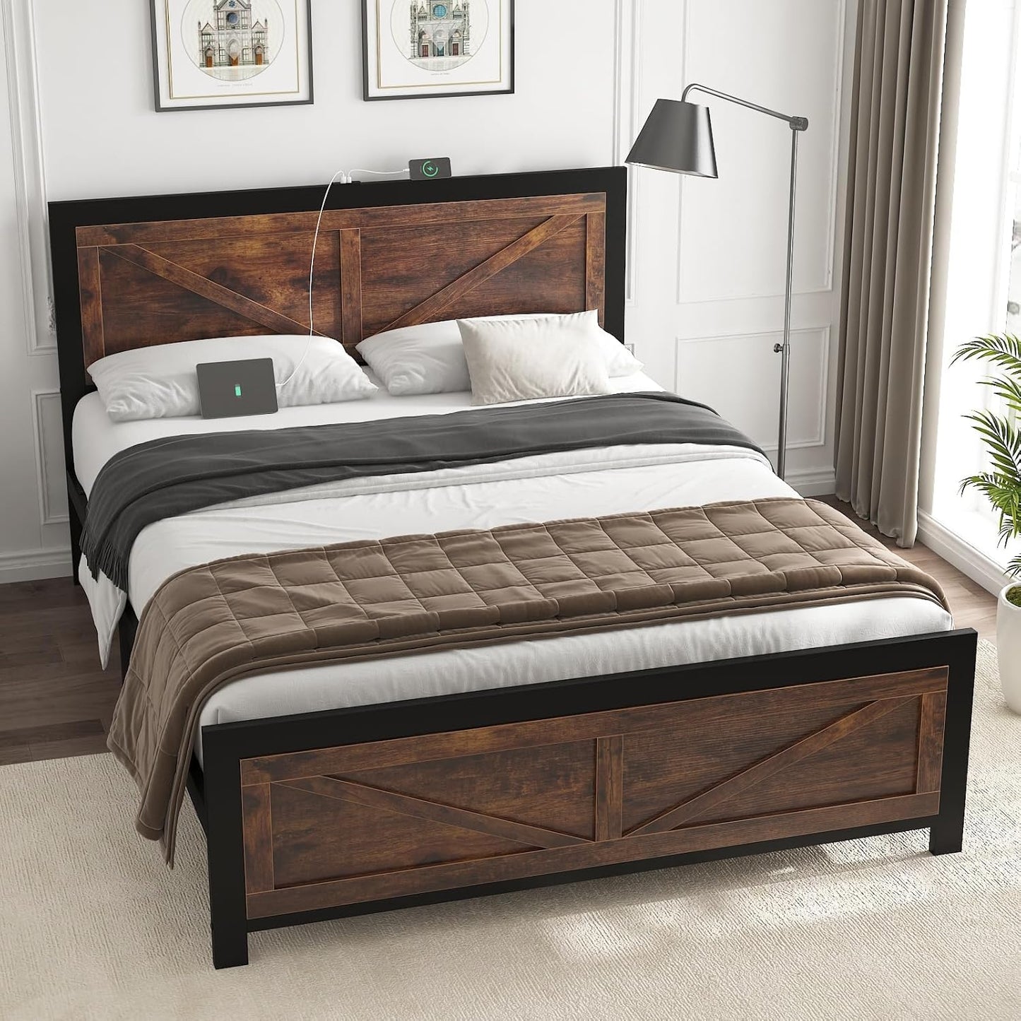 Led Bed Frame King Size with Charging Station, Industrial Platform Bed Frame with Rustic Barn Door Wood Headboard, Strong Metal Slats Support, Noise Free, No Box Spring Needed, Brown
