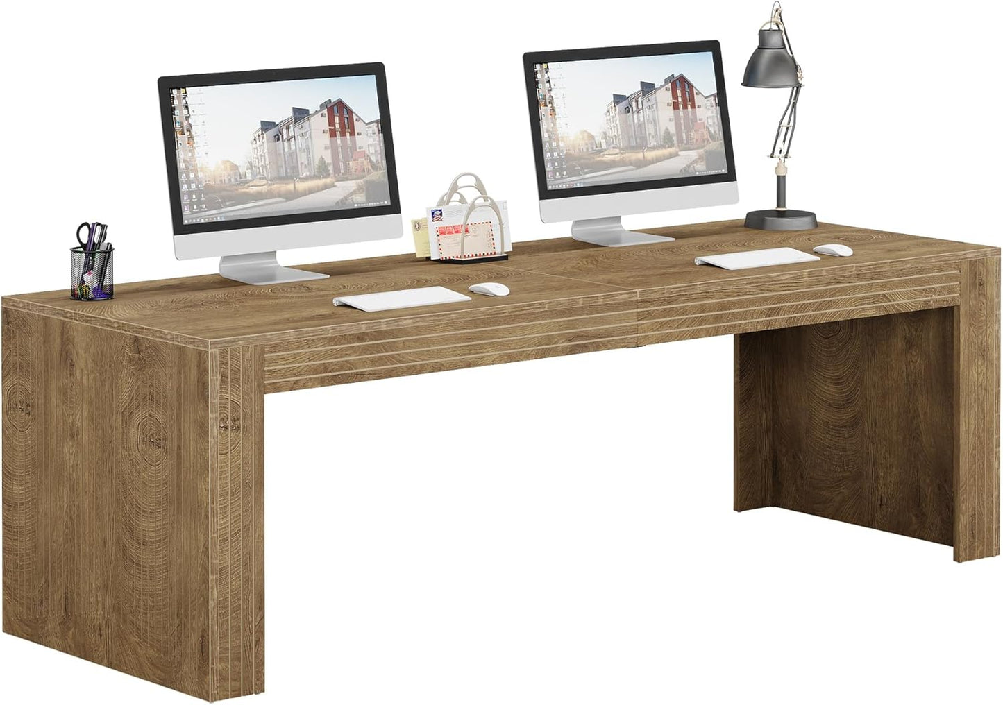 Natural oak extra long two person wooden desk, view 9