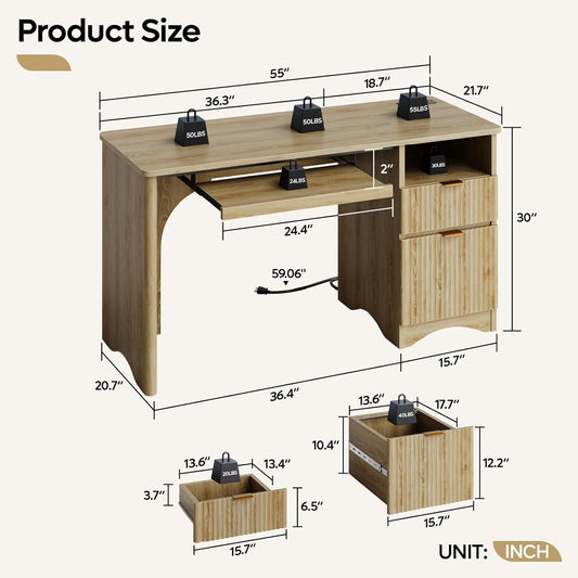 Computer Desk with Drawer, 55 Inch Office Desk with Power Outlet, Modern Home Office Desk with Keyboard Tray (Natual Oak, 55" W with Single-Sided Drawers)