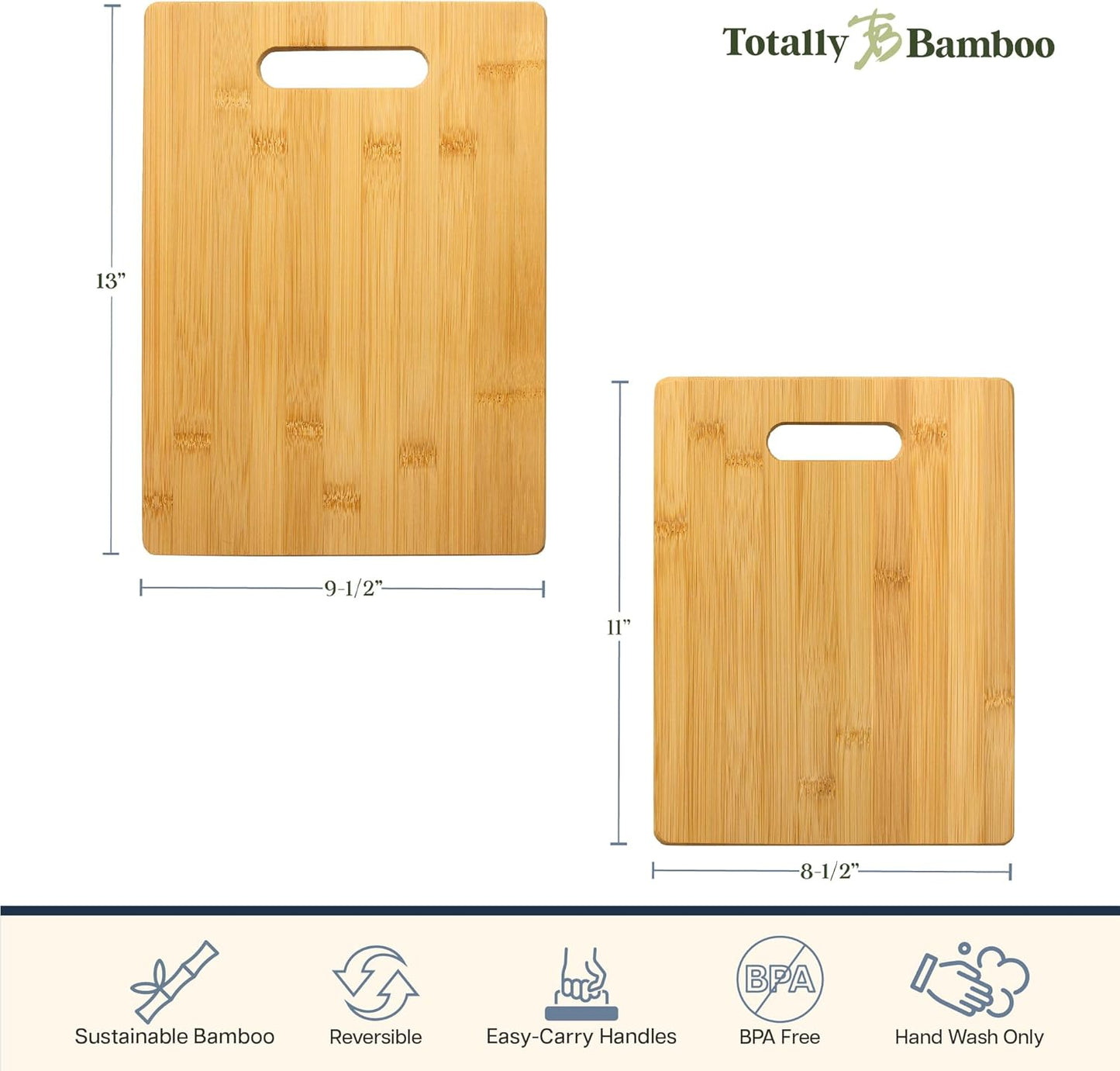 2-Piece Cutting Board Set; 2 Assorted Sizes of Bamboo Wood Cutting Boards for Kitchen