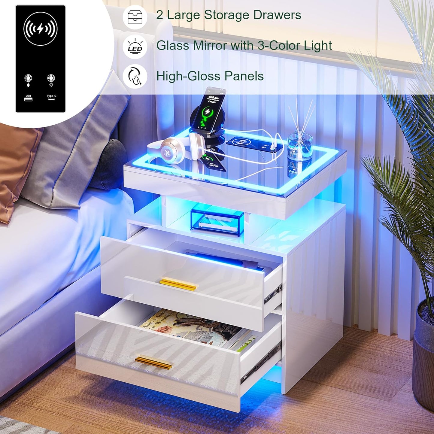 Auto LED Nightstand Set of 2, White Night Stand with Charging Station & USB Ports, High Gloss Bedside Table Has 2 Drawers,Modern End Side Table for Bedroom (White)