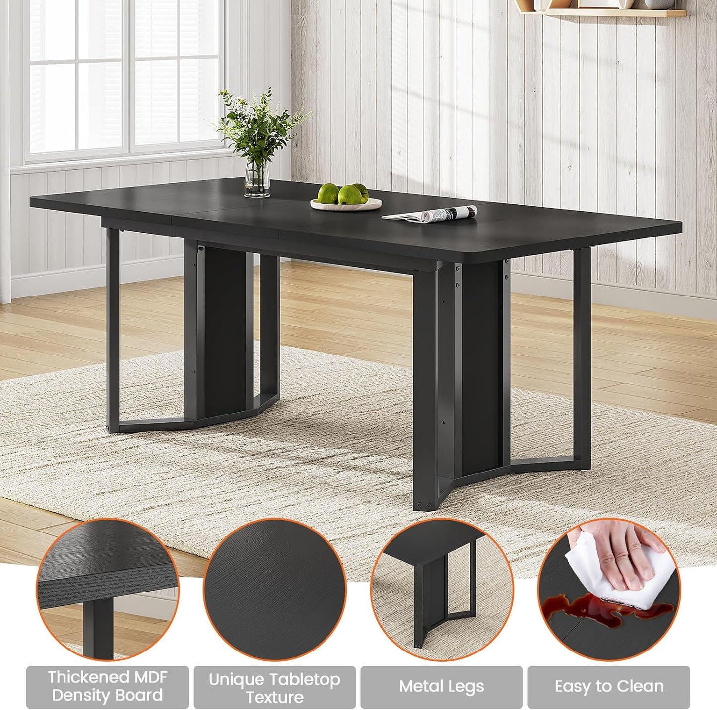 5-Piece Dining Table Set for 4-6 People, 63" Extendable Kitchen Table and 4 Cushion Chairs, Dining Room Table with MDF Board & Metal Frame for Small Space, Easy Clean, Black