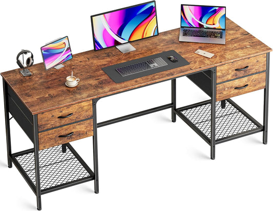 63 Inch Computer Desk with 4 Drawers and Mesh Shelf, Gaming and Work Desk for Home Office, Study, Bedroom, Work from Home, Rustic Brown