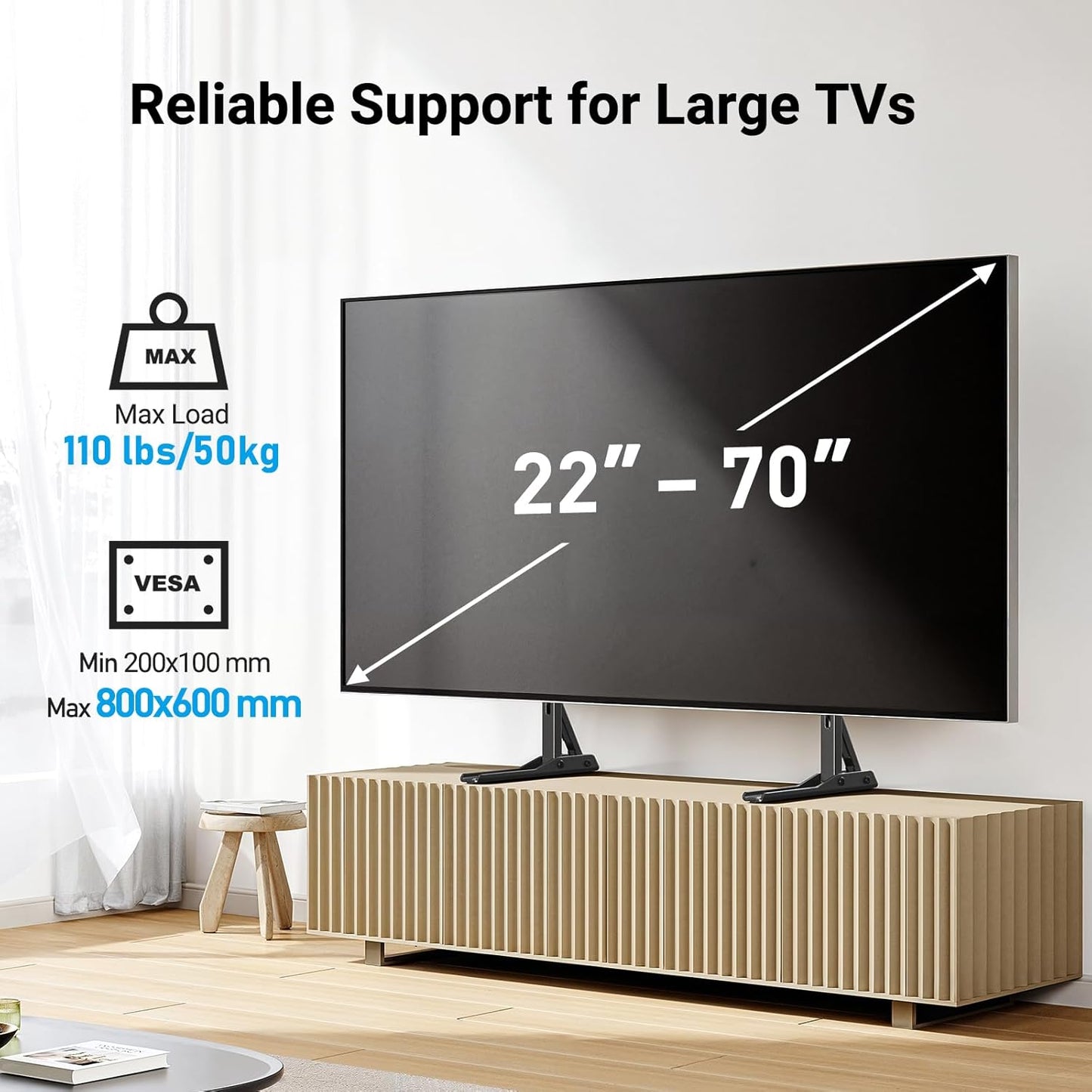 Universal TV Stand Mount for 22-70 Inch Tvs, Height Adjustable Table Top TV Stand, Great Load-Bearing Replacement TV Legs with Tempered Glass Holds up to 110Lbs, Max VESA 800 X 600Mm