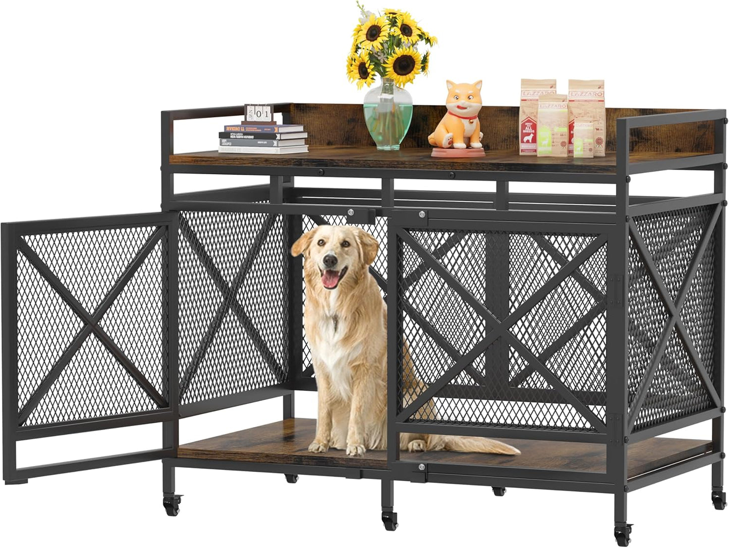 Large Dog Crate Furniture, 48 Inch Wooden Dog Kennel for Xlarge Dogs, Heavy Duty Dogs Furniture Indoor Wire Dog Cage with Caster Wheels,Decorative Pet House End Table, Textured Gray