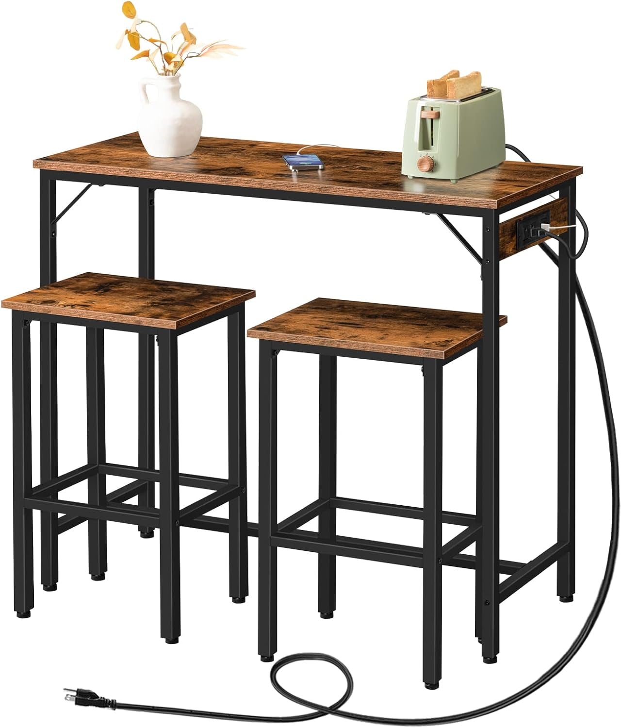 Bar Table and Chairs Set, 39.4" Dining Table Set with Power Outlet, 3-Piece Pub Table Set, Kitchen Bar Height Table with Stools of 2, Space Saving for Living Room, Rustic Brown BF45UBT01