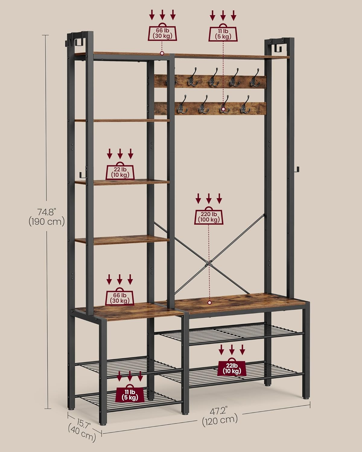 Hall Tree with Bench and Shoe Storage, Entryway Coat Rack with Shoe Bench, 5 Storage Shelves, 9 Coat Hooks, 6 Side Hooks, 15.7 X 47.2 X 74.8 Inches, Rustic Brown and Ink Black UHSR426B01