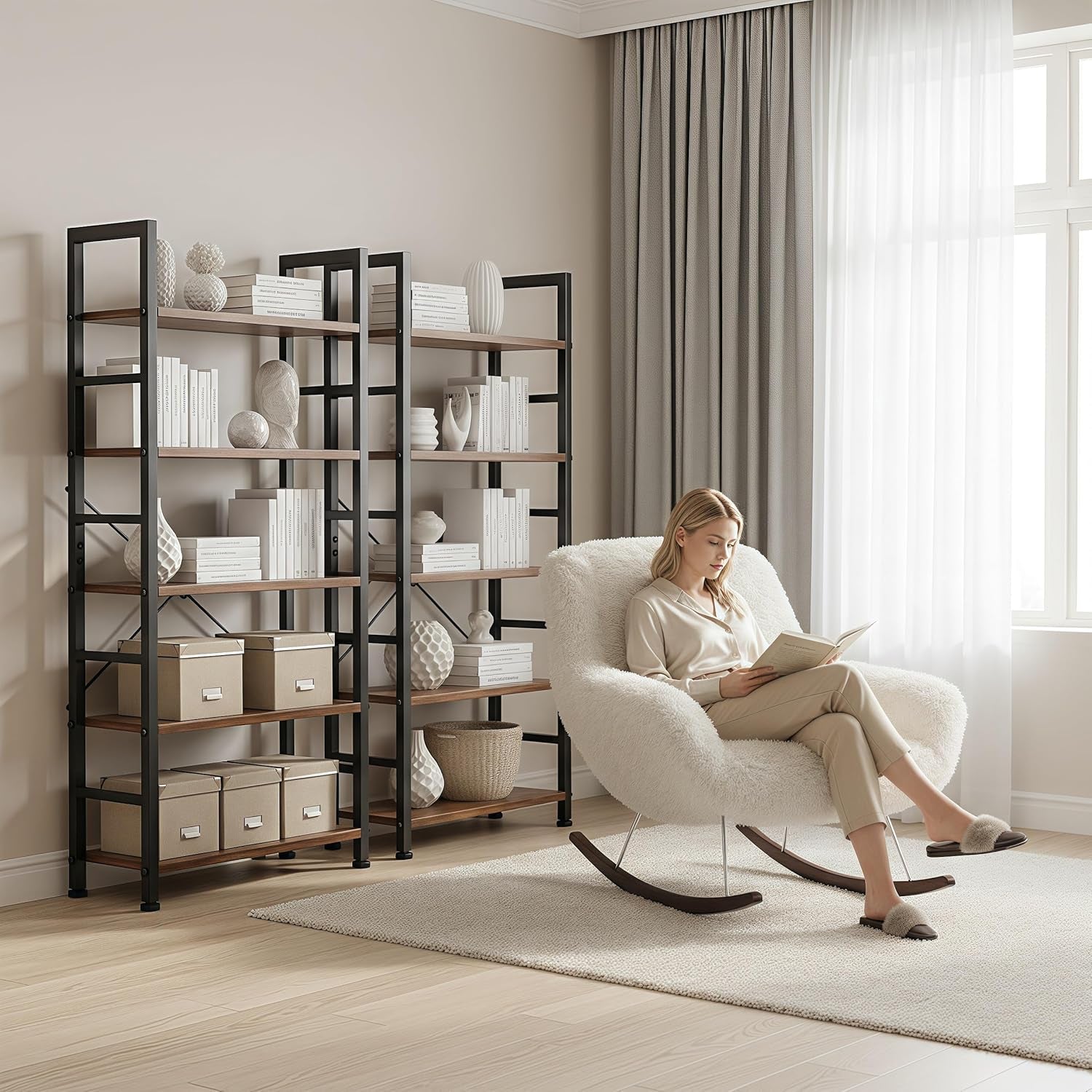 5 Tier Bookshelf, Modern Brown Book Shelves, Tall Bookcase Organizer, Wooden Shelf with Metal Frame Display Shelves, Free Standing Storage Shelving Unit for Living Room, Bedroom, Home Office