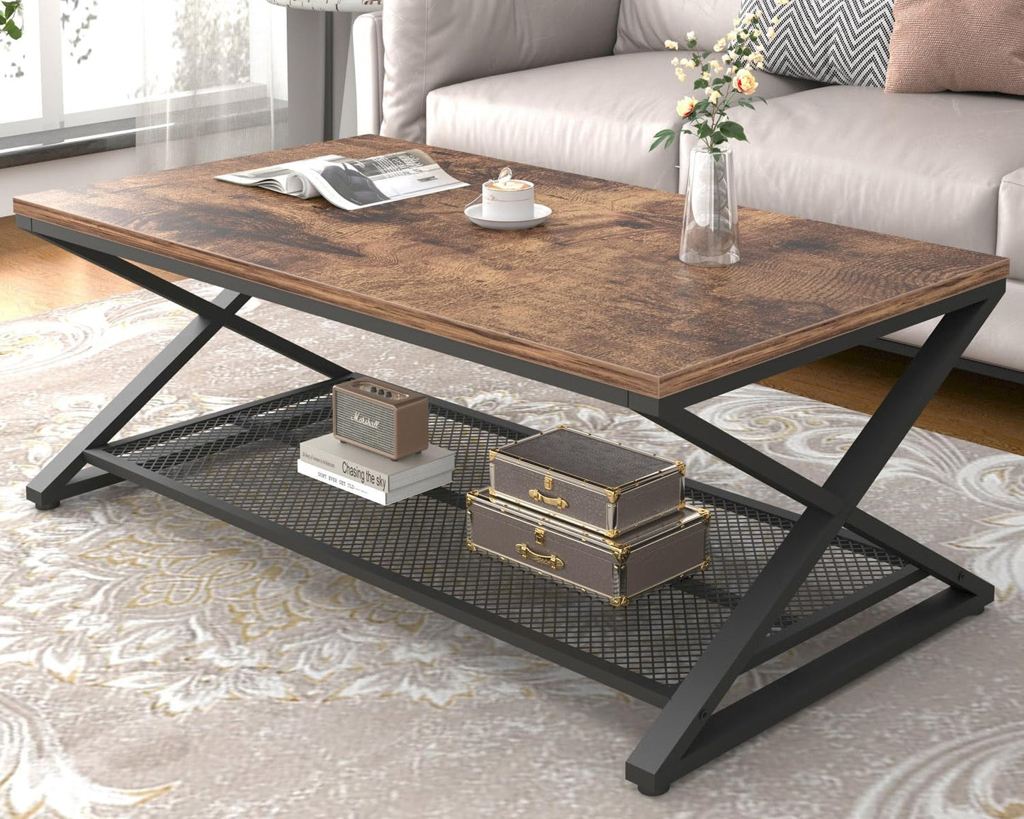 Rustic brown industrial wood and metal coffee table with mesh shelf, view 8