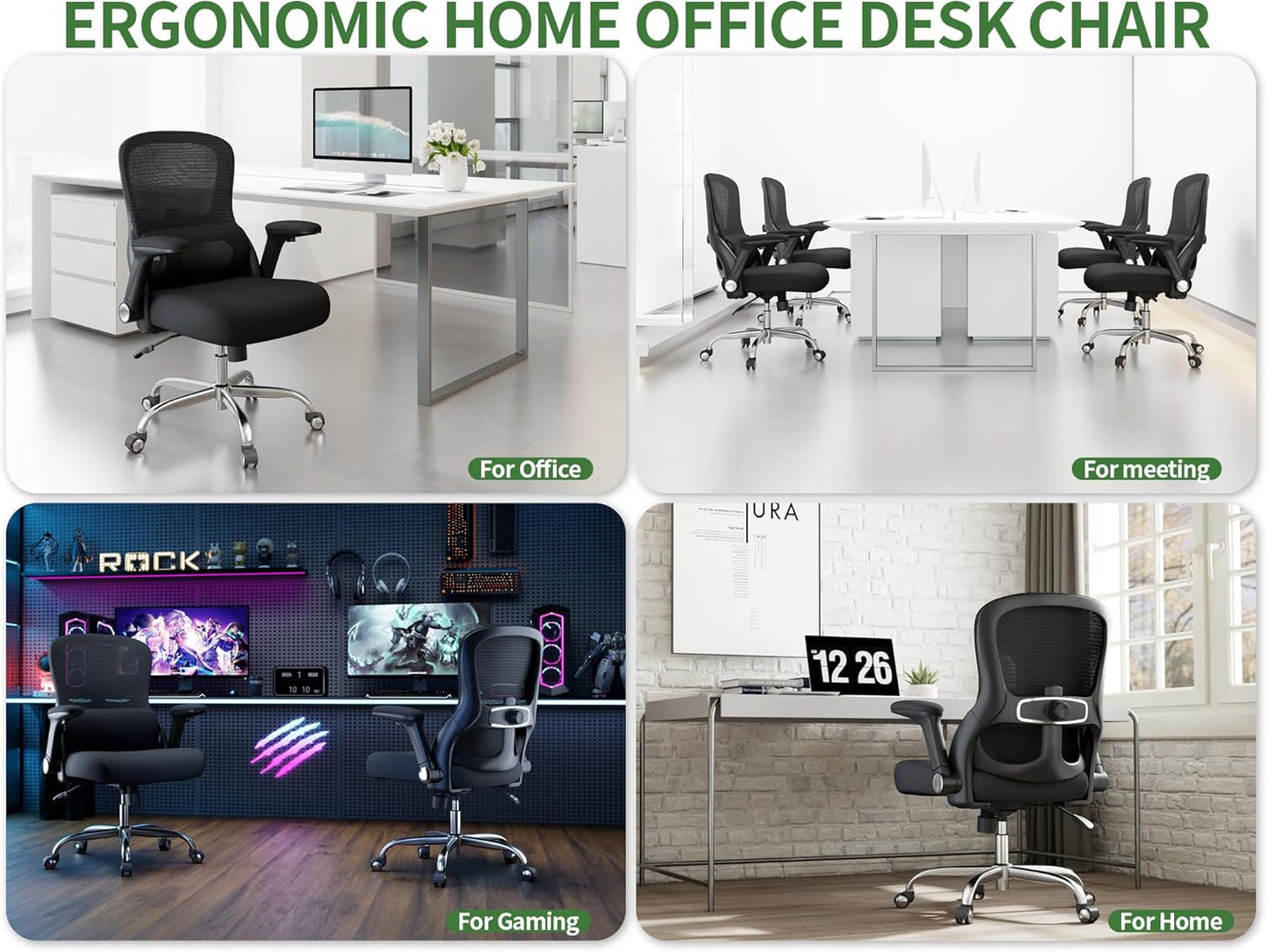 Office Chair Ergonomic Desk Chair Comfy: 400LBS Mesh Computer Chair Ergonomic Gaming Chairs with Wheels Adjustable Lumbar Support and Flip up Armrest-Swivel Executive Chairs Long Hours(Black)