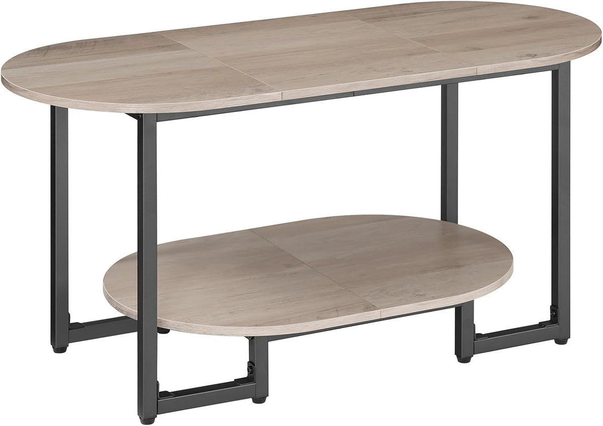 Greige oval industrial coffee table with 2 tier storage shelf, view 9