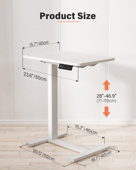 Small Electric Standing Desk - Adjustable Height Bedside Laptop Table with Wheels, Mobile, Portable Rolling Computer Workstation Sit Stand Table for Home Office, Sofa, Couch Use (24X16, White)