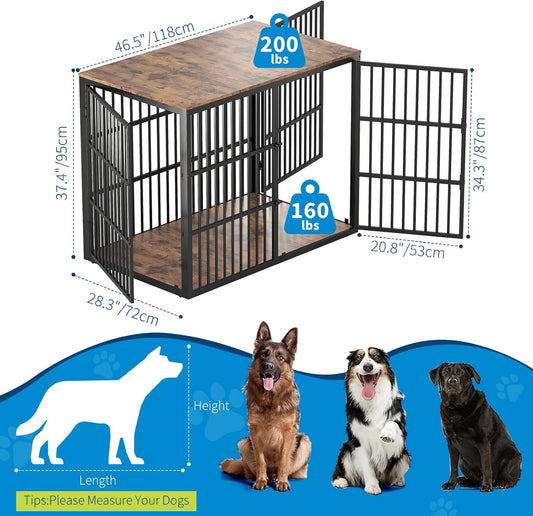 48'' Dog Crate Furniture with 3 Lockable Doors, 3-In-1 Dog Kennel with Heavy Duty Metal Frame & Wooden Panels, XXL Crate End Table for Medium to Large Breeds, Brown & Black