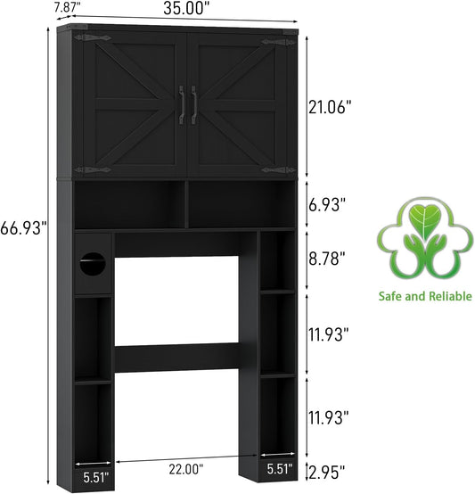 Over the Toilet Storage Cabinet, Farmhouse Storage Cabinet over Toilet with 2 Barn Doors ,Toilet Paper Holder Stand,Home Space-Saving Toilet Rack, for Laundry, Restroom, Bathroom.Black