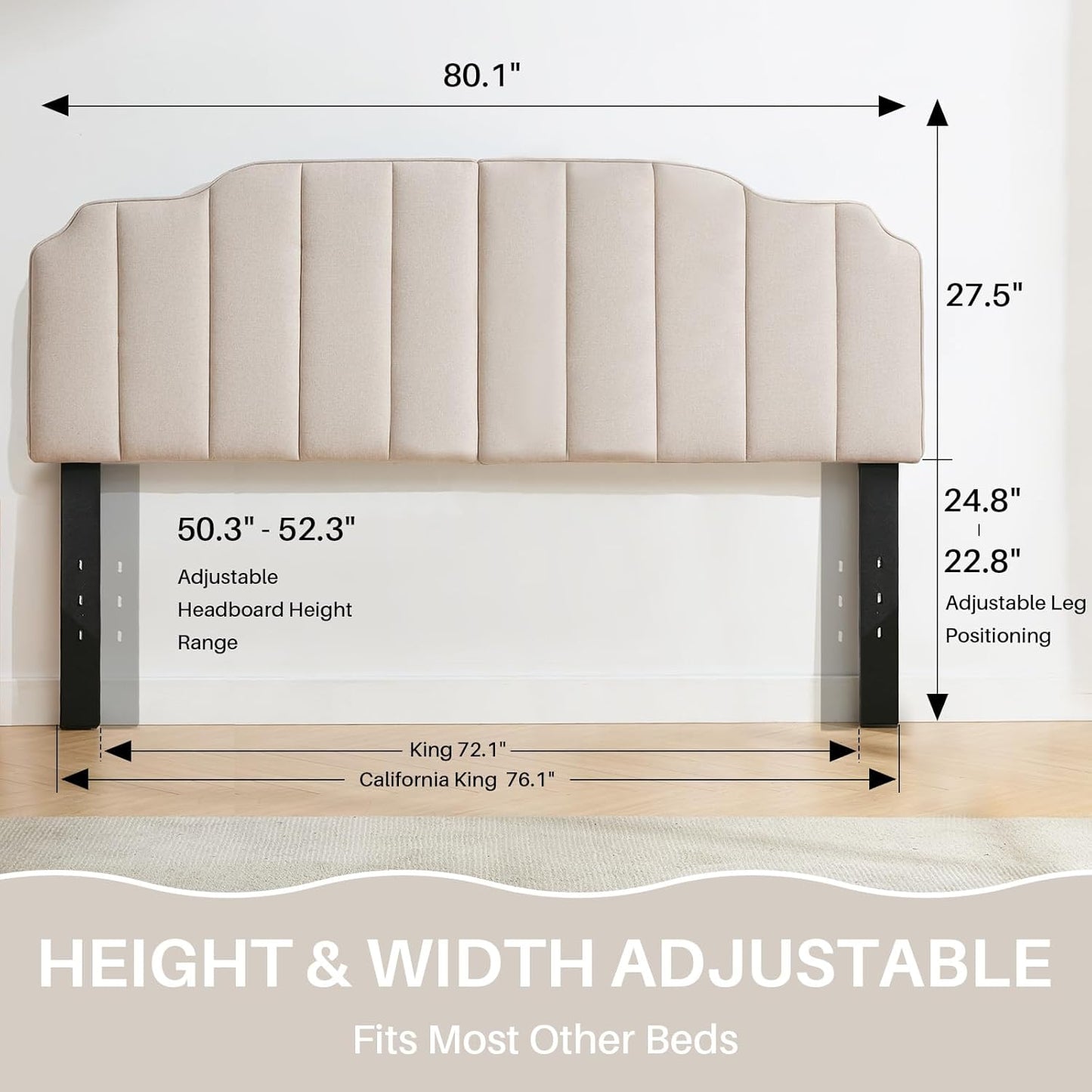 King Size Headboard Light Brown Upholstered Headboard Adjustable Height&Width Linen Headboards Modern Vertical Channel Design Bed Head Board, Light Brown