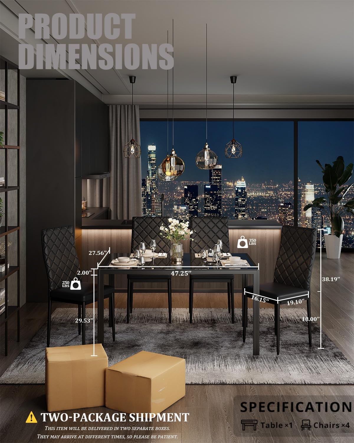Dining Table Set for 4, Kitchen Table and Chairs Set of 4, 5 Piece Modern Dining Room Table Set with Tempered Glass Top and PU Leather Chairs for Small Space, Apartment, Black