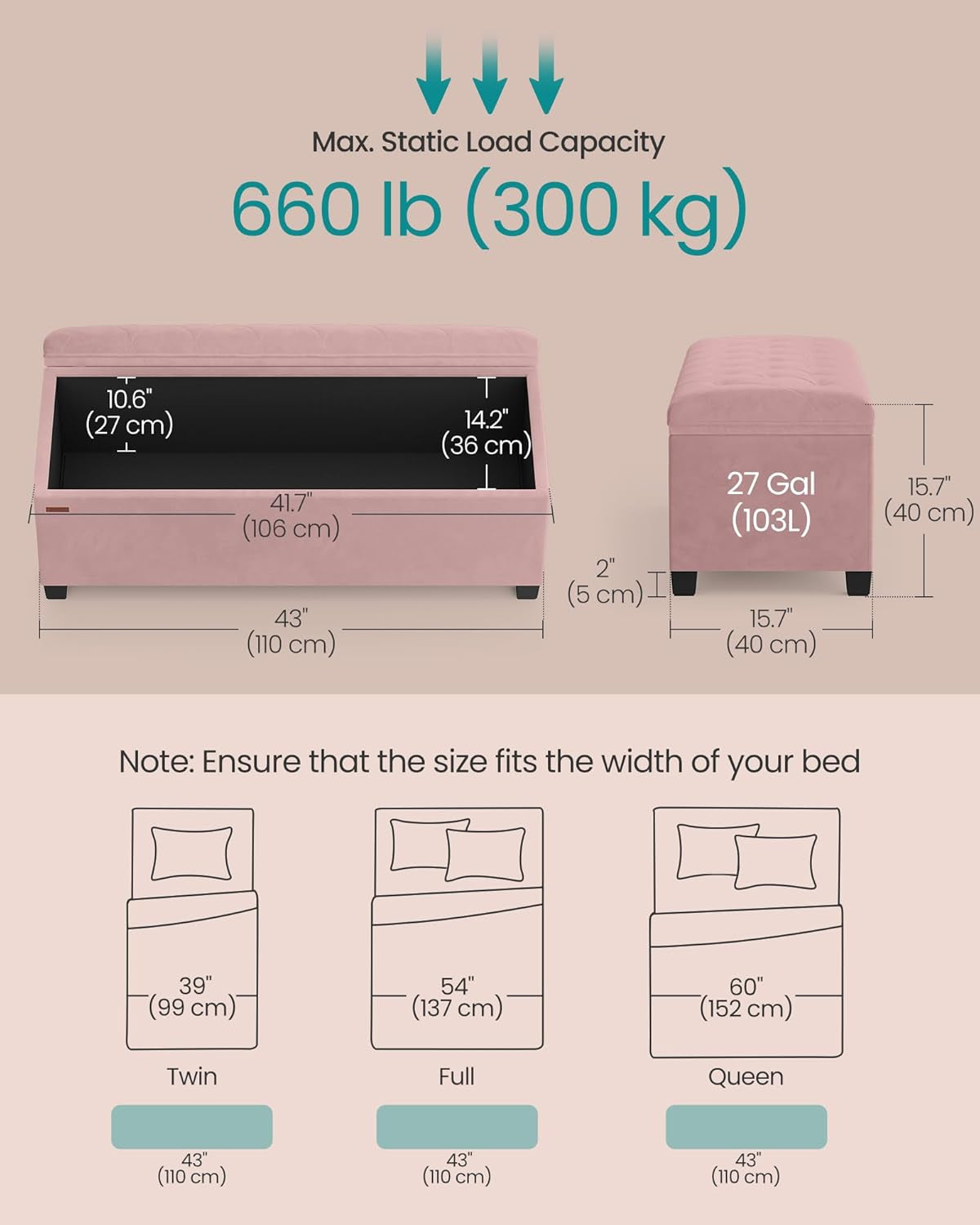 Velvet Storage Ottoman Bench, Foot Rest with Legs, 15.7 X 43 X 15.7 Inches, End of Bed Bench, Storage Chest, Load up to 660 Lb, for Living Room, Bedroom, Entryway, Jelly Pink ULSF089R01