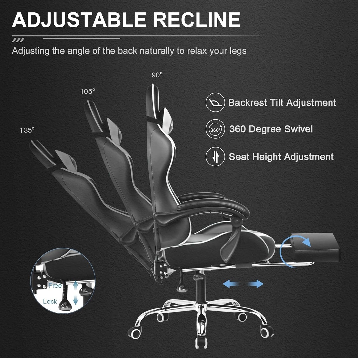 Gaming Chair, Computer Chair with Footrest and Lumbar Support, Height Adjustable Game Chair with 360°-Swivel Seat and Headrest and for Office or Gaming (Snow White)
