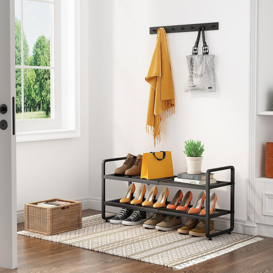 Shoe Rack - Expandable Shoe Organizer for Closet, Adjustable Metal Shoe Shelf Storage, Stackable Long Shoe Stand Holder for Garage, Entryway, Door Entrance (Black, 2-Tier)