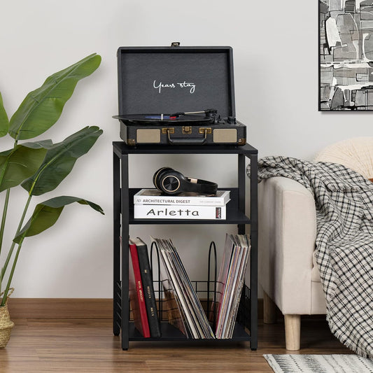 Black End Table, Small Side Table with Metal Frame,Modern Record Player Stand with Storage Shelf, Wood 3 Tier Sofa Bedside Tables, Narrow Nightstand for Living Room Bedroom Office