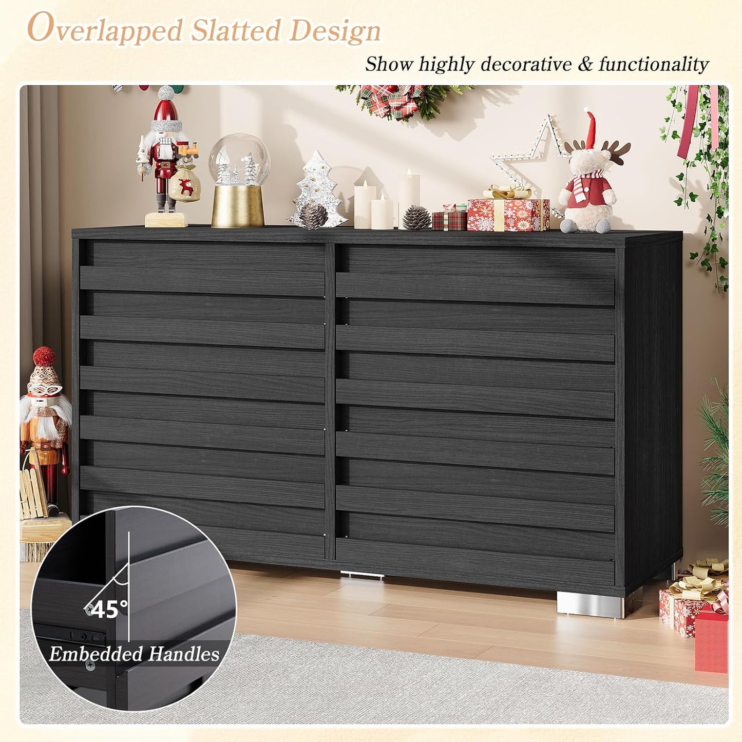 3 Pcs Bedroom Furniture Set - Includes Farmhouse 6 Drawer Dresser and Nightstand Sets of 2 with Charging Station, Slated Handles & Stainless Steel Feet, Black