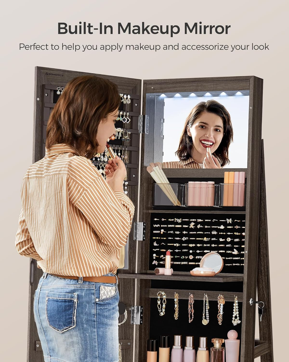 6 Leds Lockable Mirror Jewelry Cabinet, 360° Swivel Jewelry Organizer Armoire Standing, Frameless Full-Length Mirror, 3 Storage Shelves, Ash Brown Surface, Black Lining UJJC007K02