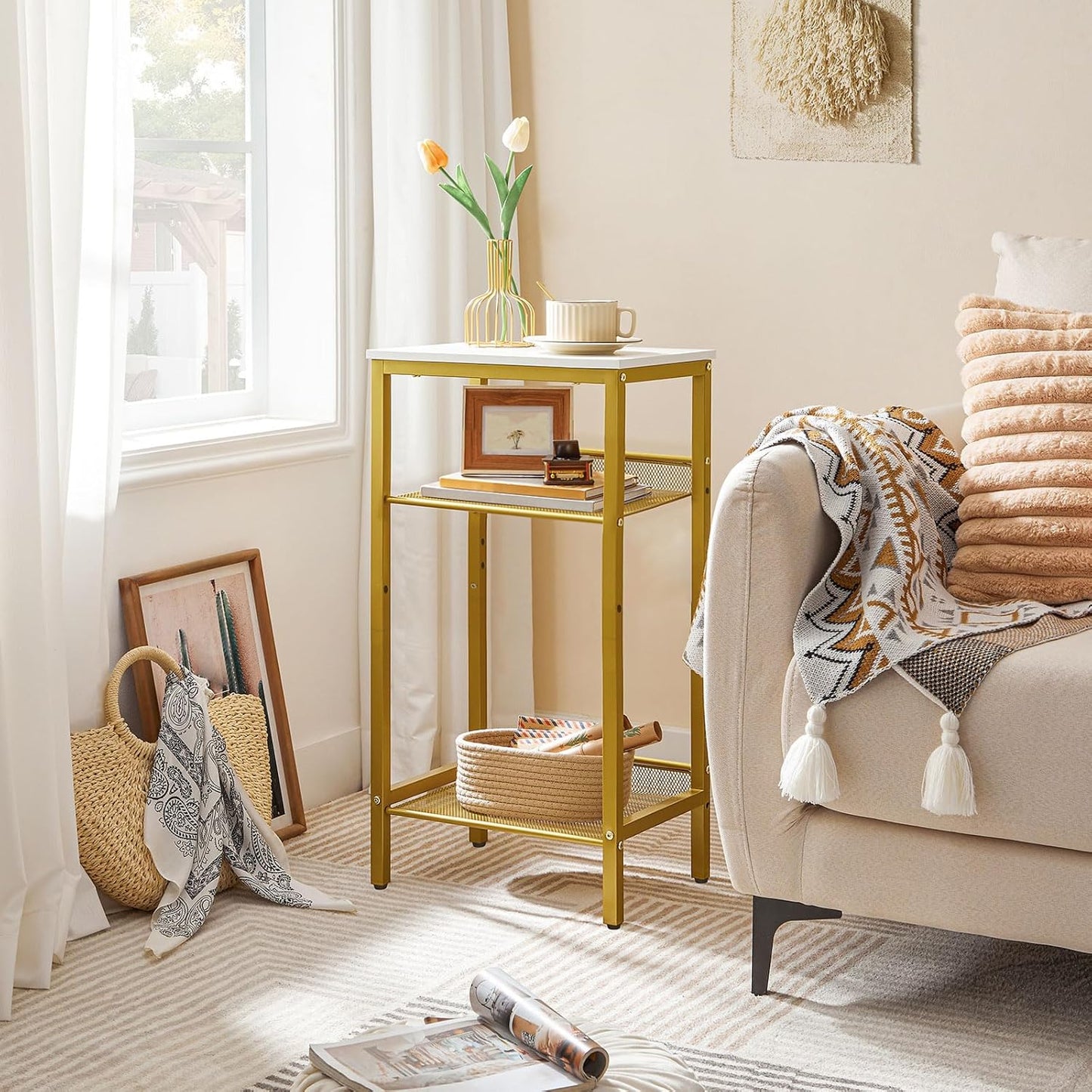 Side Table, 3-Tier Tall End Telephone Table with Adjustable Mesh Shelves, Small Entryway Stand for Living Room Bedroom Hallway or Office, White and Gold DW01DH01G1