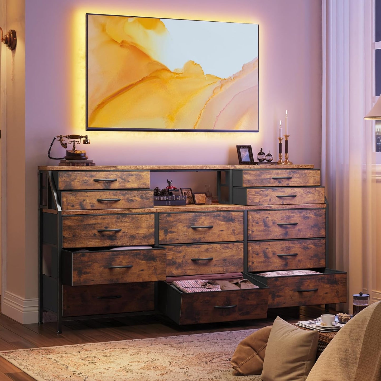 55" W Dresser for Bedroom with Deep Fabric Drawers, Long Chests of Drawers with 2 Open Wooden Shelves, Large Vanity Dressers for Dorm, Entryway, Rustic Brown, 55.1" W X 35.4" H X 11.4" D
