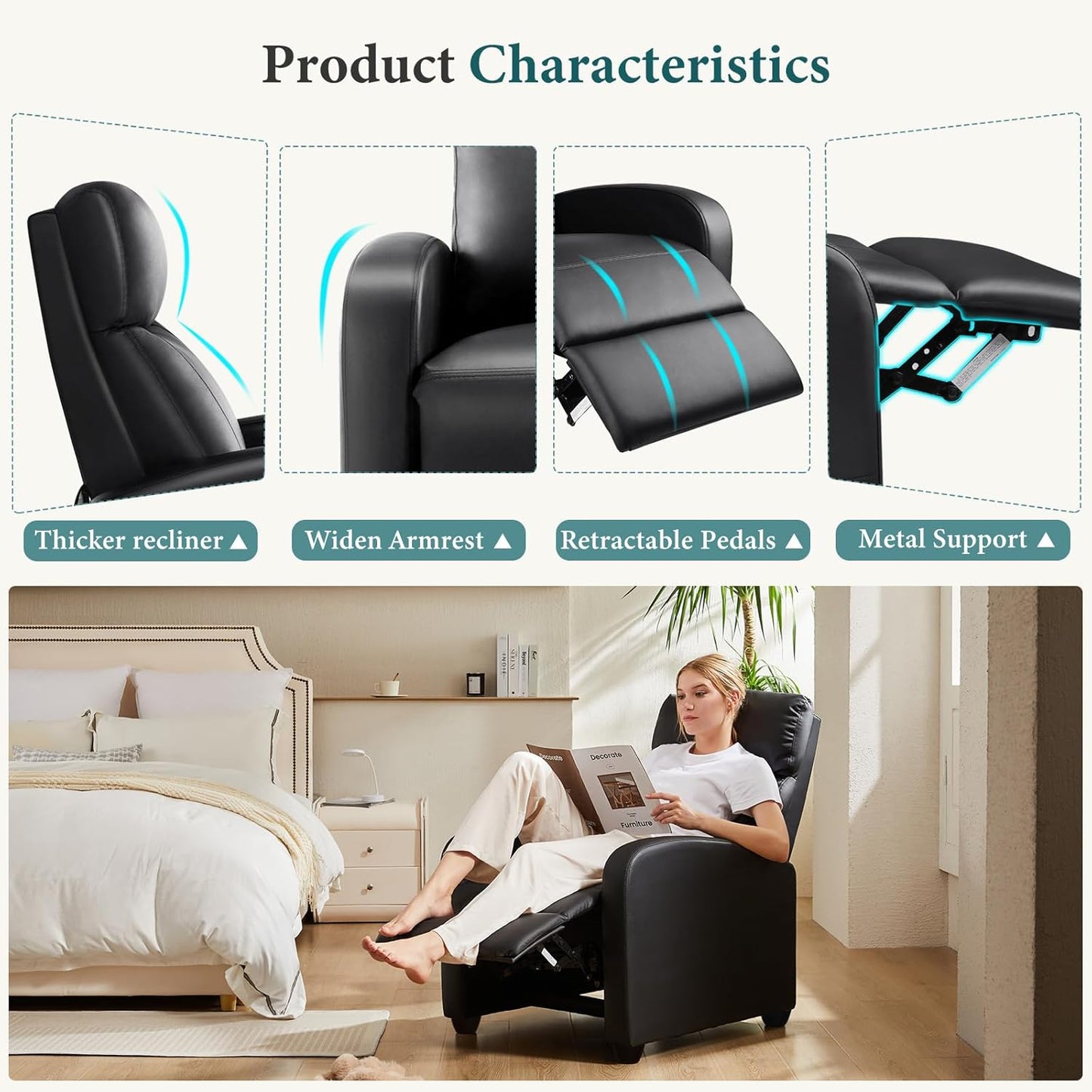 Recliner Chair for Living Room, Leather Home Theater Seating with Lumbar Support with Adjustable Backrest and Footrest, Modern Living Room Furniture with Padded Seat Backrest, Black