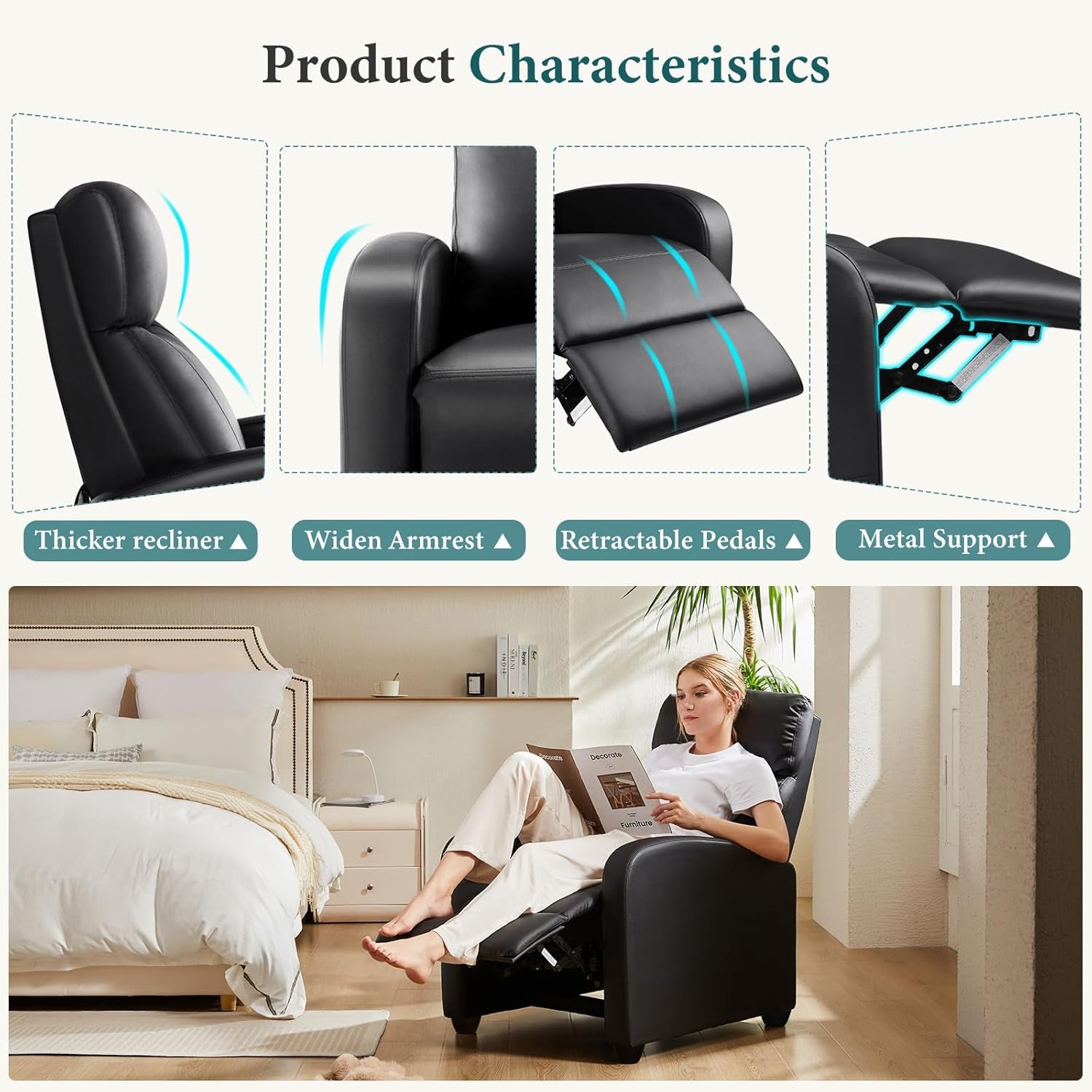 Recliner Chair for Living Room, Leather Home Theater Seating with Lumbar Support with Adjustable Backrest and Footrest, Modern Living Room Furniture with Padded Seat Backrest, Black