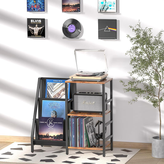 Vinyl Record Player Stand with 3-Tier Storage, Turntable Display Shelf for 200 Albums, Record Storage Table for Living Room, Stylish Holder with Speaker Storage